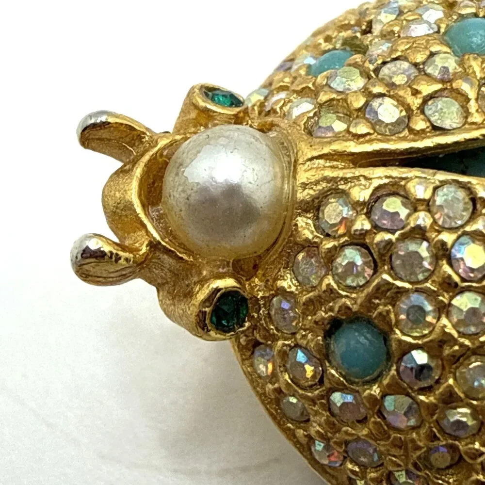 Vintage Unsigned Hattie Carnegie Ladybug Brooch Gold Tone Blue Body Beetle 1.25